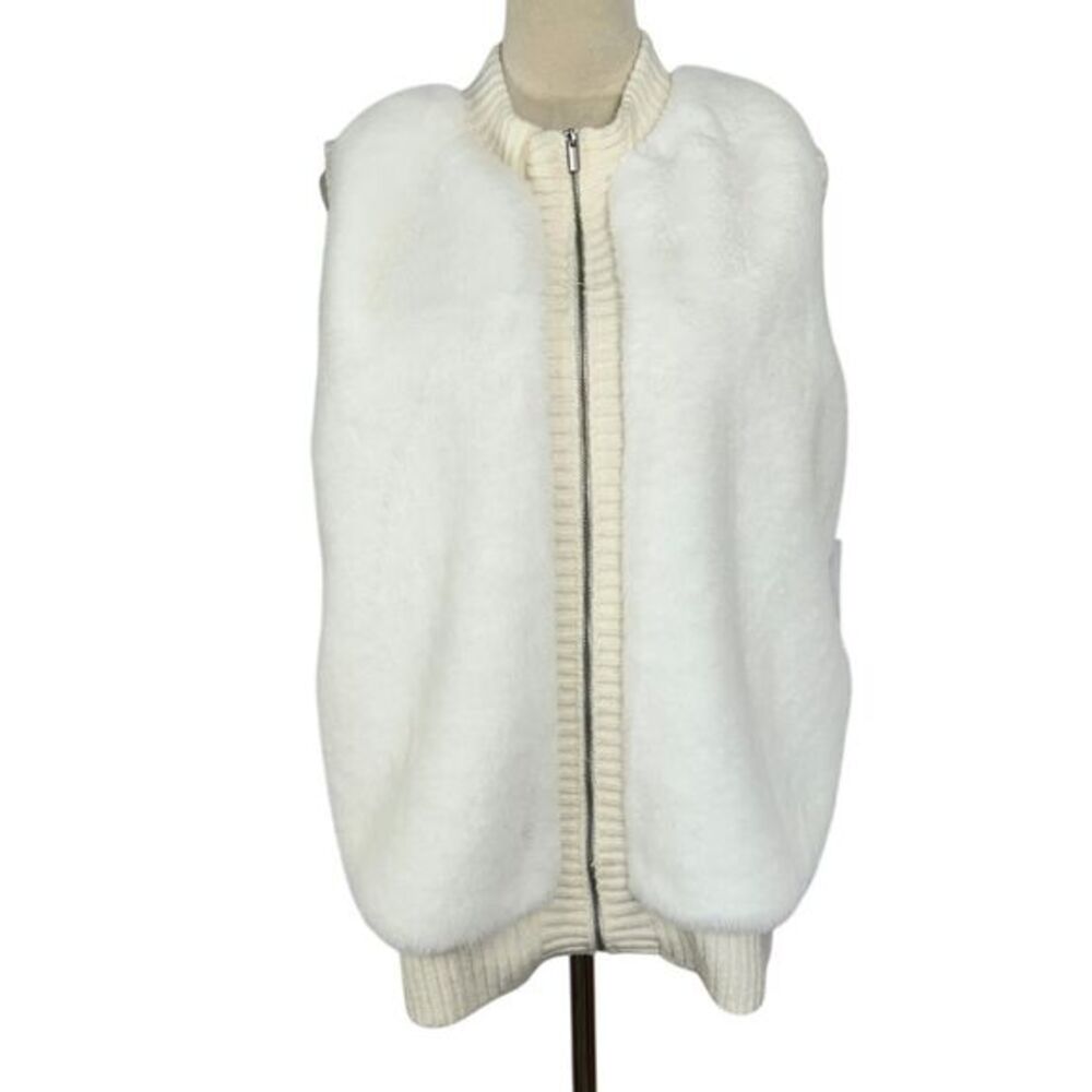NWT Liz Claiborne Faux Fur Sweater Vest Sleeveless Knit Full Zip Cream Womens XL
